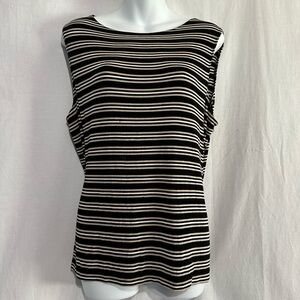 Laura Ashley Black Tan White Striped Sleeveless Blouse XL